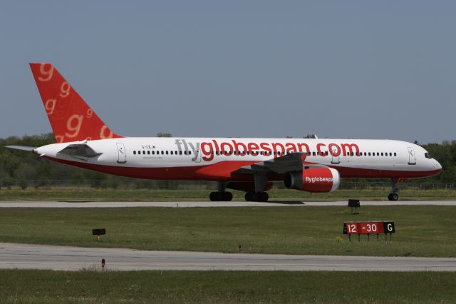 Boeing 757-200 (G-CEJM) - May 29, 2008 - taxied toward terminal at Hamilton, arrived from Edinburgh, Scotland