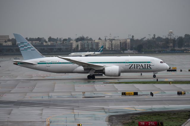 JA822J — - Another rainy day at LAX with reverse operations.