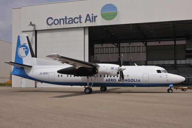 Fokker Maritime Enforcer (JU-8251) - Aero Mongolia - Fokker 50 C/N 20251 - JU-8251 - for maintenance at Contact Air Technics at Saarbruecken Airport - 2005-06-17.