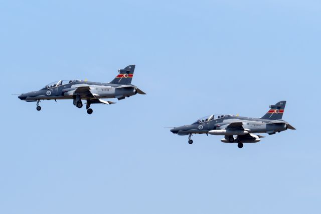 Boeing Goshawk (A2734) - BAE Systems Hawk 127 RAAF serial numbers A27-34, and A27-14 showing the 79 sqn patch, RAAF Base Pearce 18 Oct 2023