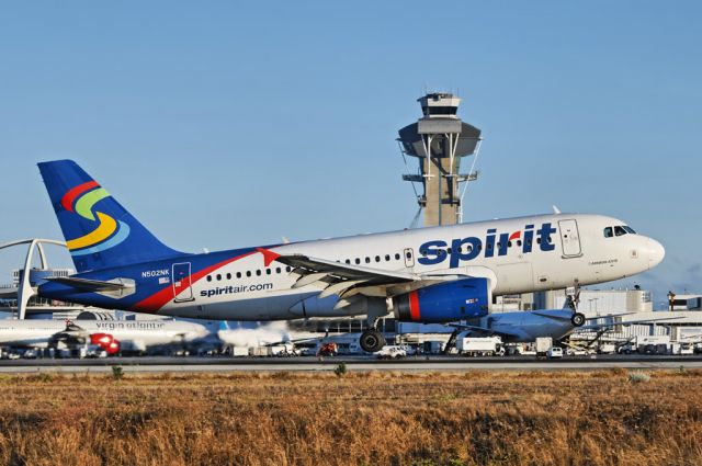 N502NK — - A Spirit Airlines operated Airbus A319-132 about to touch down at the Los Angeles International Airport, LAX, in Westchester, Los Angeles, California