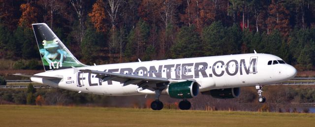 Airbus A320 (N221FR) - Bugsy the Tree Frog coming in on 5L at RDU, 11/22/17. 