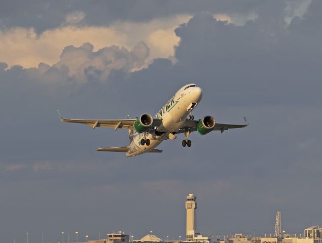 Airbus A320neo (N336FR) - FFT2425, Rosie the River Otter, an A320neo, departing RWY 24R bound for Southwest Florida Intl – KRSW Monday night, 22 Aug 2022.