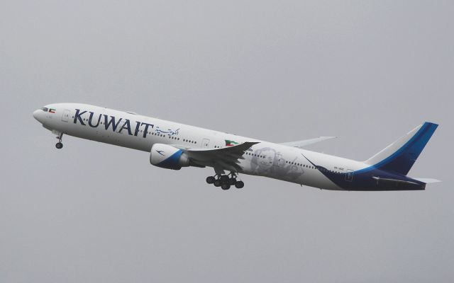 BOEING 777-300 (9K-AOE) - kuwait airways b777-369er 9k-aoe now with art work on he rear dep shannon 21/2/17.