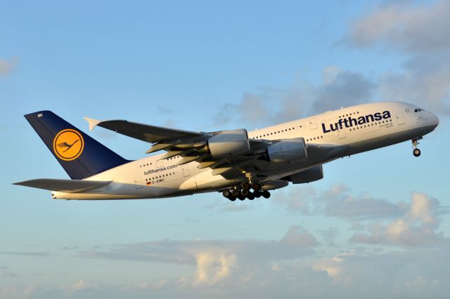 Airbus A380-800 (D-AIMH) - Departing KMIA minutes before sunset.