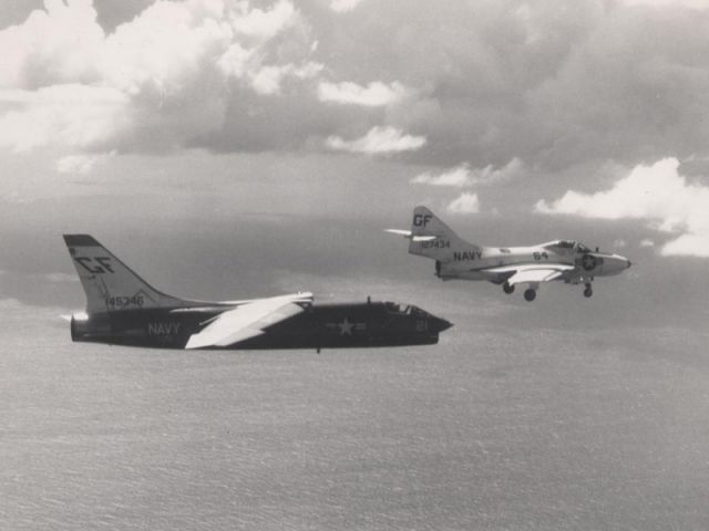 LTV F-8 Crusader (14-5346) - VC-8 Drone Controller F8 guiding in F9F-G for landing at Roosevelt Roads, PR (1964)