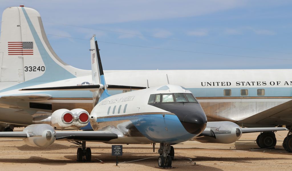 Lockheed Jetstar 2 (61-2489) - Pima Air & Space Museum, Tucson, AZ, 21 Apr 18.  More from their website:br /br /br /Manufacturer: LOCKHEEDbr /Markings: 89th Military Airlift (Special Missions) Wing, Andrews AFB, Virginia, 1966br /Designation: VC-140Bbr /Serial Number: 61-2489br /br /LOCKHEED VC-140B JETSTARbr /In 1956 the U.S. Air Force asked the aviation industry to submit proposals for low cost jet aircraft to replace its fleet of propeller driven utility transports and twin-engine crew trainers. Lockheed saw the potential for an aircraft to meet both the military requirement and the then emerging business jet market. The result was the four-engine JetStar. Initial proposals for a two engine aircraft had to be modified for four smaller engines when larger British made engines were rejected by the Air Force. Mounting the engines on the rear fuselage reduced cabin noise and lowered the risk of foreign object damage to the engines. Most of the JetStars in military service were used for VIP transport in both the Presidential Fleet and for senior military commanders. A total of 204 JetStars were built for military and civil customers in several countries.