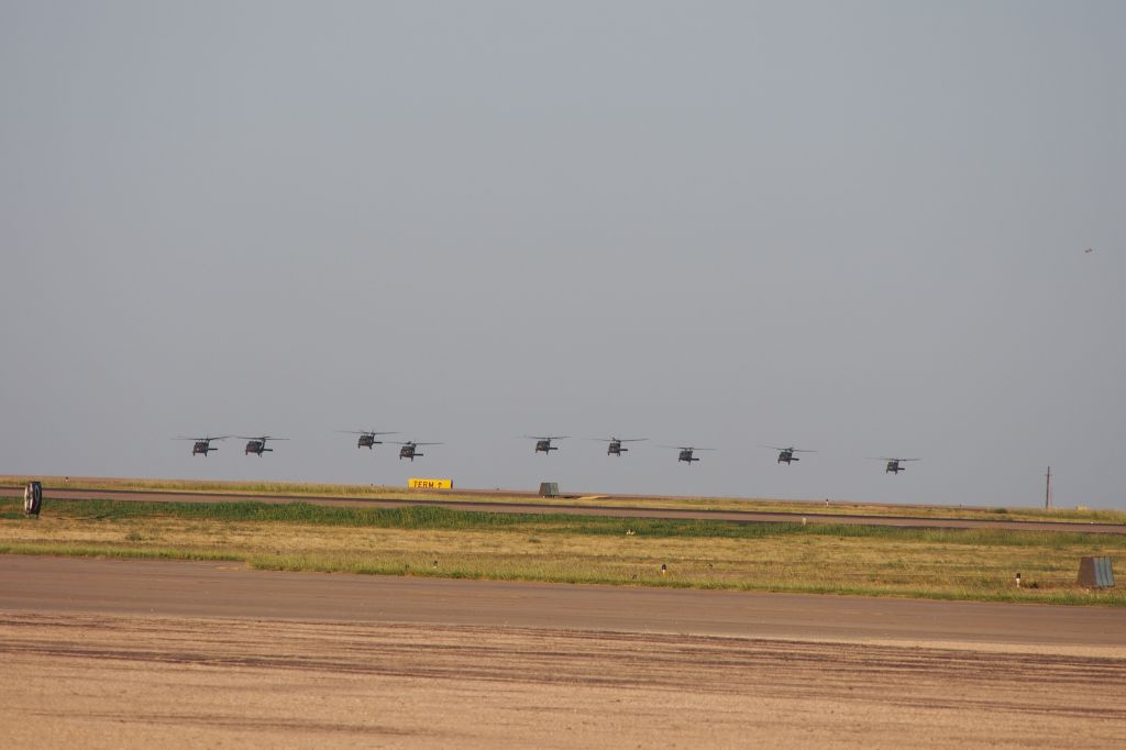 — — - 9 Blackhawks from Ft. Campbell approaching KLBB to land