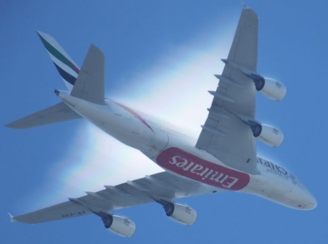 Airbus A380-800 (A6-EDE) - Flight UAE406 from Melbourne to Auckland, on 1 Feb 2014, over One Tree Hill prior to turn for final approach to Auckland Airport.