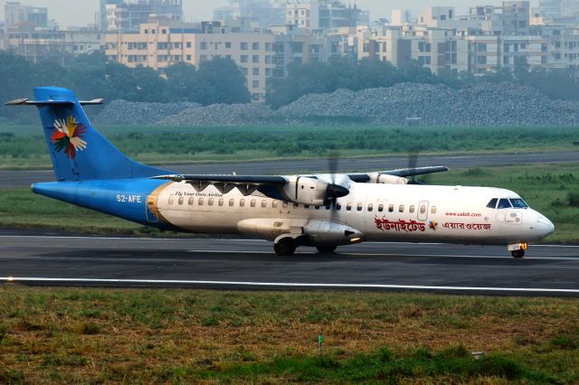 ATR ATR-72 (S2-AFE) - 28th September, 2012: View of take-off roll on runway 14 at Dhaka's Zia International Airport from Zaman Miah's roof. 