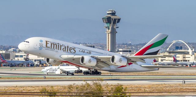 Airbus A380-800 (A6-EOG) - Emirates super lifts off runway 25L at LAX and heads back to Dubai