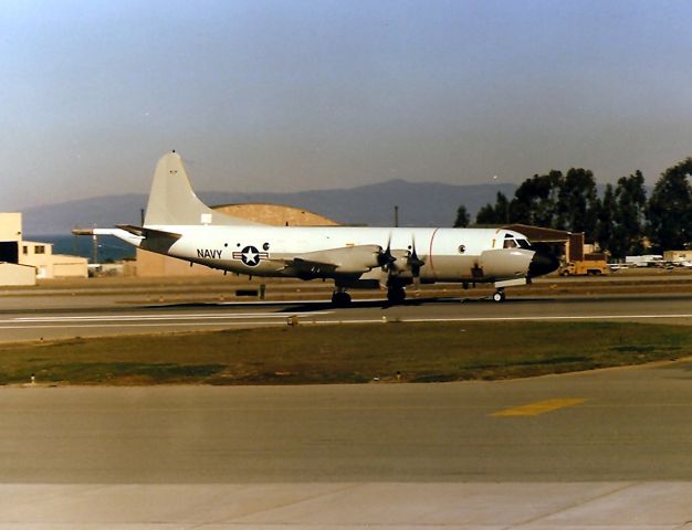 — — - KMRY - there were no numbers on this P-3 that was doing touch and go at Monterey Peninsula Airport - poss photo taken Summer 1988.