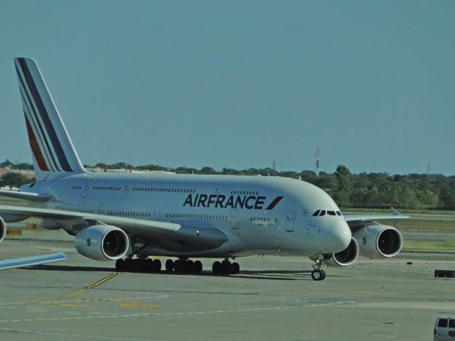 Airbus A380-800 — - Taxiing by our window at JFK, what a sight!!