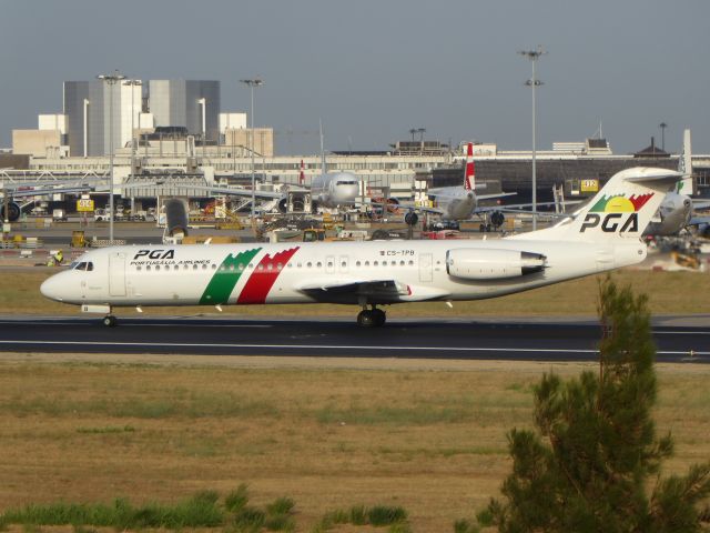 Fokker 100 (CS-TPB) - PGA Fokker F100 CS-TPB (ex ex PH-EZE) ready to takeoff at rwy 03 LIS. Photo made in the evening of 05.09.2016.