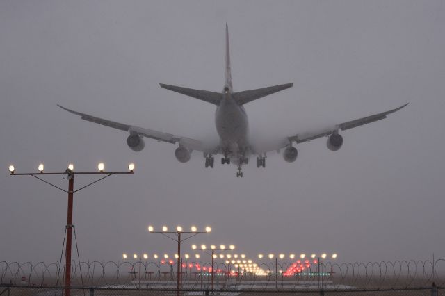 BOEING 747-8 (LX-VCI) - What a crummy day. 5-L 02-16-24. Arriving from LUX in rain/snow mix, visibility probably less than a 1/4 mile, ceiling probably about 250-300 feet. Just Nasty!