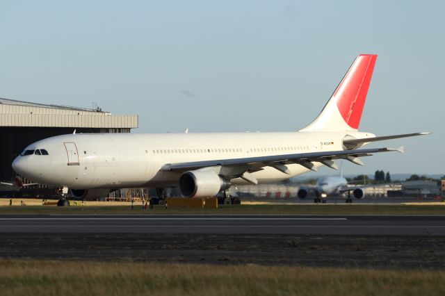 D-AEAR — - About to line up on runway 027R at LHR, DHL Cargo sporting ex JAL livery.