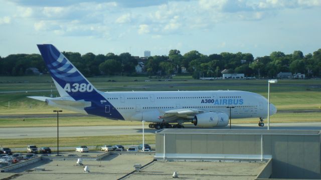 Airbus A380-800 (F-WWDD) - Taxiing at KMKE. Ready to depart back to Toulouse. Was at KMKE to pick up employees, refuel, and customs.