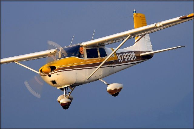 Cessna 175 Skylark (N7688M) - Taken during a low pass at KCCB during 2011 Air Show. 1959 Cessna 175 powered by a 220hp Franklin engine. People ask why I was not smiling? At 150+ and 50 feet off the deck things happen quickly. Photo take by Britt Dietz.