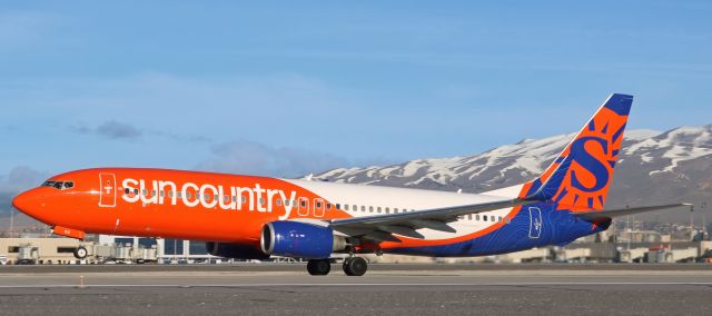 Boeing 737-800 (N831SY) - After staying overnight at Reno, the nose gear of SCX's N831SY is off runway 16L as the B738 departs a few minutes after 8 AM for a trip to Bullhead City (KIFP). This new paint scheme will add a splash of color to the sky. 