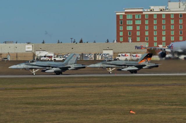 McDonnell Douglas FA-18 Hornet (18-8786) - A flight of RCAF CF-18s from 433 "Porcupine Sqd", CFB Bagotville, PQ. leaving rwy 25 for the Nov 11 2017 Remembrance Day flyover during the War Memorial Ceremony in Ottawa.