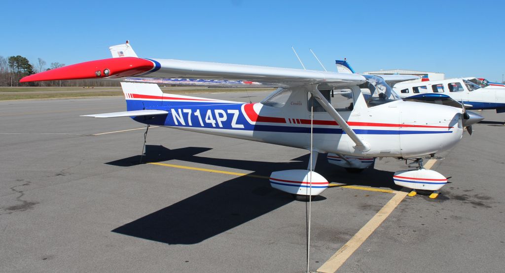 Cessna Commuter (N714PZ) - A 1977 Cessna 150M tied down on the ramp at Thomas J. Brumlik Field, Albertville Regional Airport, AL - February 25, 2017.