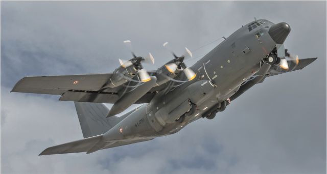 Lockheed C-130 Hercules (F-RAPM) - French C130 climbing out on departure from St Maarten.