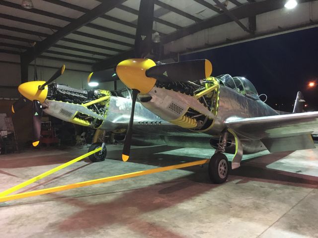 — — - Two BIG Merlin's waiting for their chance to fly again. Tom Reilly's NAA XP-82 Twin Mustang, July 2018