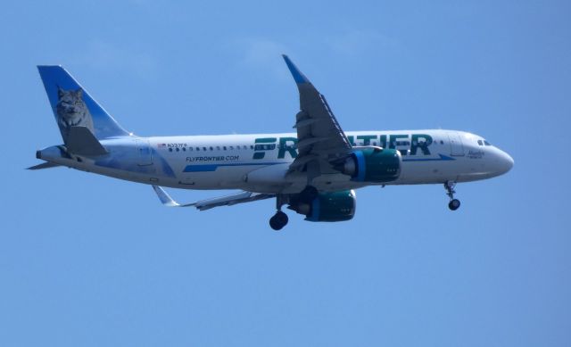 Airbus A320 (N337FR) - On final is this 2018 Frontier Airlines Airbus A320 in the Spring of 2019 while "Hunter" the Bobcat patrols the tail.