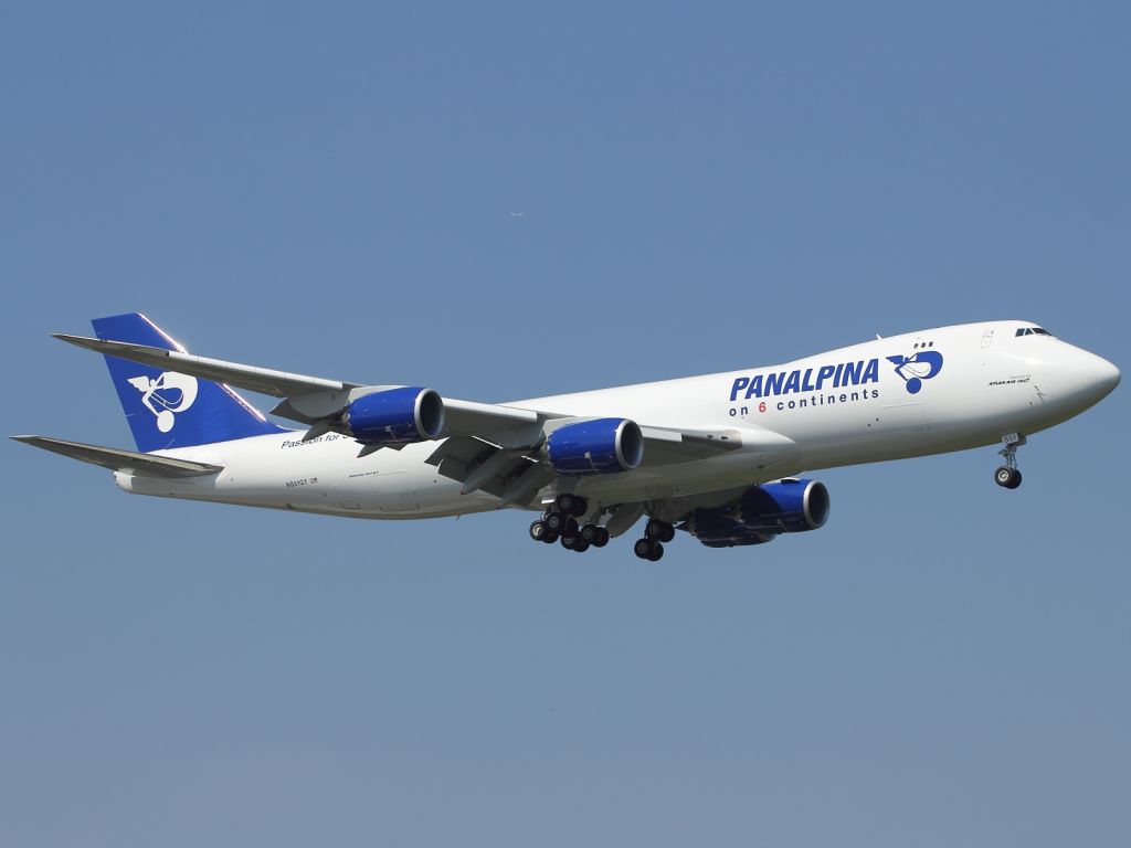 Boeing 747-200 (N851GT) - A brand new B747-800F of Cargo Carrier Panalpina, part of Atlas Air, on approach to London Stanstead Airport.