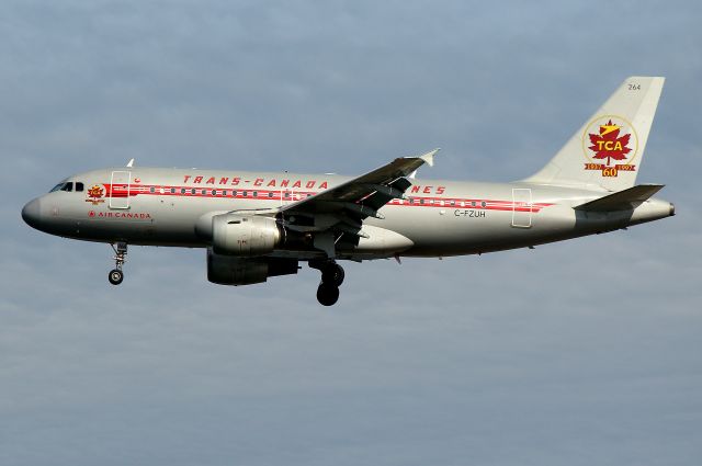 Airbus A319 (C-FZUH) - Air Canadas 60th Anniversary Trans-Canada Air Lines retro jet arriving from Vancouver.