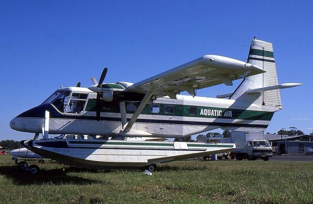 GAF Searchmaster (VH-BRQ) - GAF Nomad VH-BRQ of Aquatic Air on floats. Photo taken at Bankstown Airport in September 1986.