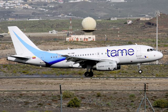 Airbus A319 (HC-CMP) - Tenerife Sur - Reina Sofia (TFS / GCTS) - Spainbr /br /Photo taken: January 3, 2015br /br /Operator: TAME - Linea Aerea del Ecuadorbr /Type: Airbus A319-132br /Registration: HC-CMPbr /Serial: 1934