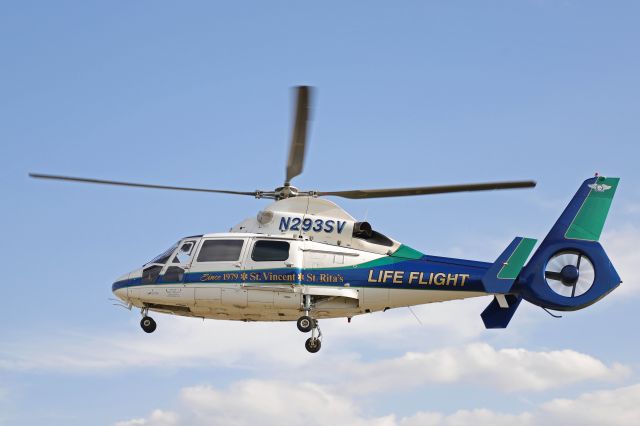 Aerospatiale Dauphin 2 (SA-365C) (N293SV) - Lifeflight-2, a Eurocopter AS365 N2 Dauphin, operated by Mercy Health, departing the landing zone during the Toledo Express Airport triennial emergency exercise on 18 May 2021. 