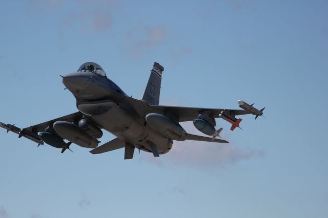 Lockheed F-16 Fighting Falcon — - This F16 from the 140th Colorado National Guard unit at Buckley AFB was departing runway 14 on its way to bombing practice. It was zipping by me in afterburner at 250+ knots, so I found it difficult to get centered shots.