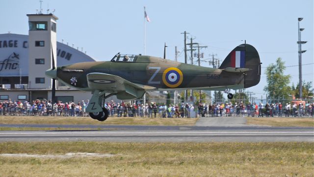 N54FH — - Flying Heritage Collections Hawker Hurricane MK XIIA (Ser#CCF/R32007) nears touchdown on runway 34L at the conclusion of fly day 8/25/12.