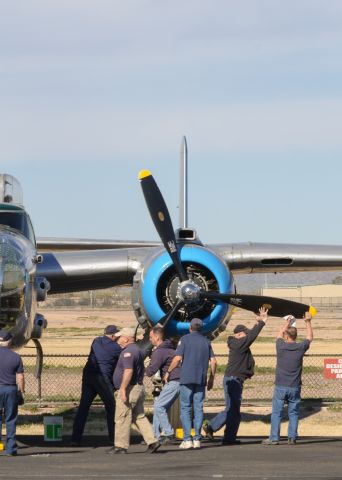 North American TB-25 Mitchell (N125AZ) - The engine start checklist is a bit more of a collaborative effort when the engine in question is a Twin Cyclone that needs a couple hand-turns first.