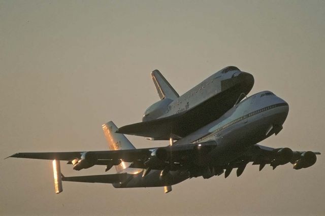 Boeing 747-200 (N911NA) - The Space Shuttle Endeavour was delivered to NASA on May 2, 1991. Shuttle Carrier Aircraft N911NA took off from Air Force Plant 42 in Palmdale, California with Endeavour mounted on its back just after sunrise.