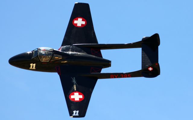 F+W EMMEN Vampire (N172LA) - N172LA, a deHavilland DH-100 Vampire T.55 owned by Ultimate Aviation (Utah), comes out of the Valley of Speed and heads for the final pylon during the second-to-last Jet Class practice race on the last day of the 2019 Pylon Racing Seminar. 