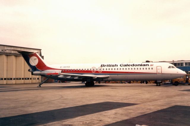 British Aerospace BAC-111 One-Eleven (G-AXYD) - Seen here in Feb-88.  Delivered new to Caledonian Airways on 18-Mar-70. Seen here on lease to British Caledonian from Dan-Air who operated it from May-76 to Nov-92. Reregistered G-OBWF 7-Apr-93. Transferred to Nigeria 13-Apr-95 but broken up for spares at EGMC.