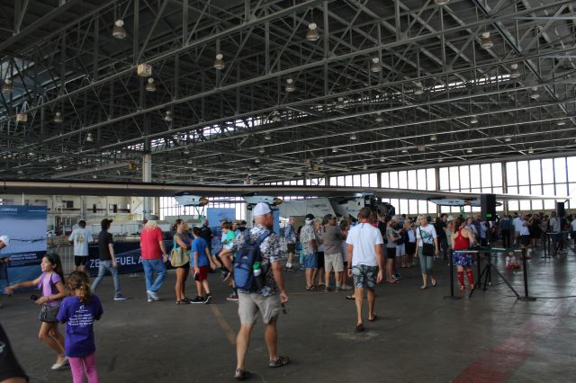 — — - This is the Solar Impulse 2 at a public viewing taken inside Hangar 111 at John Rogers Field