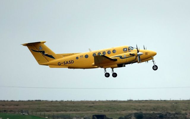 G-SASD — - Scottish Air Ambulance, a King Air 200c, takes off from Kirkwall airport.