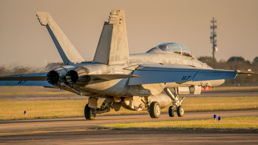 McDonnell Douglas FA-18 Hornet (16-5918) - The mighty F/A-18F Super Hornet from VFA-122 taxis down Hotel to RWY35L at KEFD on 12/4/2020
