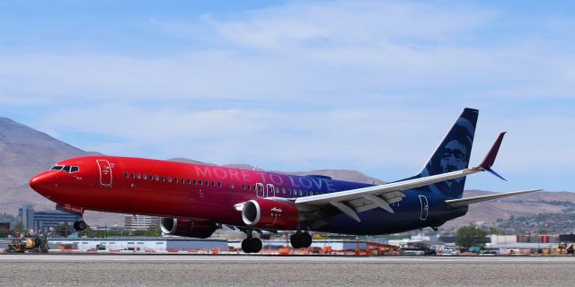 Boeing 737-900 (N493AS) - Alaska's very colorful "More To Love" special livery B739 (N493AS) is about to touch down on 16L as it arrives in Reno from Seattle.br /Alaska also has an A321 painted in this scheme.