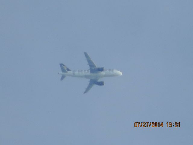 Airbus A319 (N935FR) - Frontier flight 227 from Branson to Denver over Baxter Springs KS (78KS) at 29k feet.