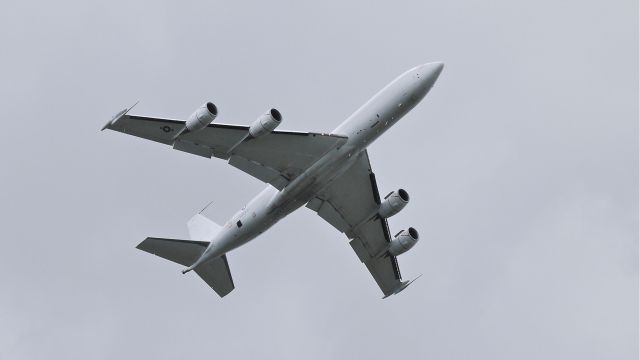 Boeing E-6 Mercury (16-4404) - A U.S. Navy Boeing E-6B Mercury flies a missed approach to runway 16R on 3/17/13. A very unusual sighting to be sure. (LN:995 cn 24502).