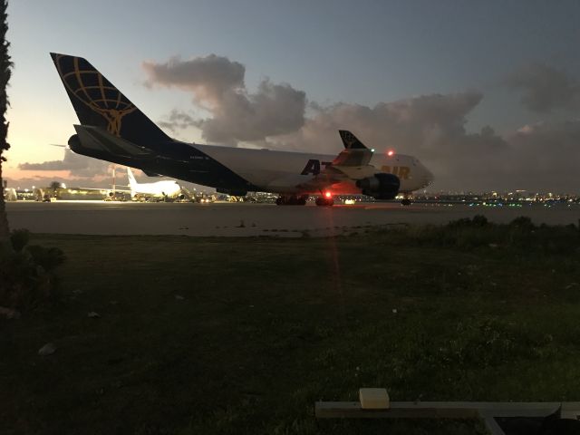 Boeing 747-400 (N489MC) - Waiting to taxi to runaway 30 to take off