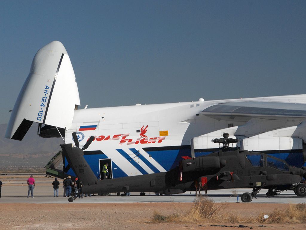 Antonov An-124 Ruslan (RNA82080) - Antonov An-124-100 preparing to take on a load of Boeing AH-64 Apache helicopters for the Royal Saudi Land Forces.