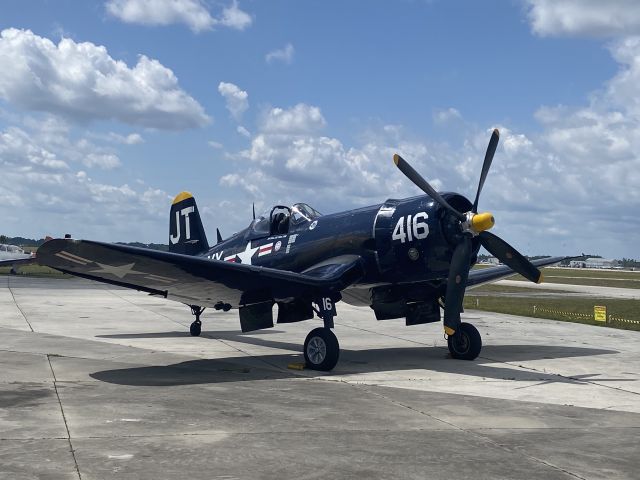 N713JT — - . . . a really cool visitor arrived at Valiant Air Command Warbird Museum on 13 April 2023 . . . for the weekend Cocoa Air Show. We are hangaring Jim Tobul’s Vought F4U-4 Corsair named Korean War Hero.