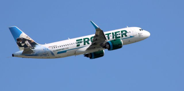 Airbus A320neo (N384FR) - Shortly after departure is this 2021 Frontier Airlines Airbus 320-251N with "Mojave" the Desert Tortoise looking back in the Summer of 2022.