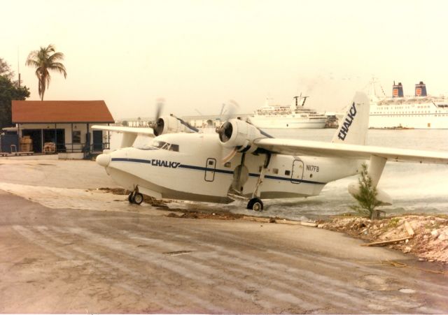 Grumman HU-16 Albatross (N117FB) - Grumman G-111 Albatross coming up the ramp at the Chalks Airline flying boat base on Watson Island in Miami,Fla. 1985. 